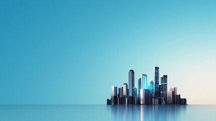 Fototapeta premium A futuristic skyline reflects against a calm surface under a clear blue sky, showcasing modern architecture and a serene atmosphere.