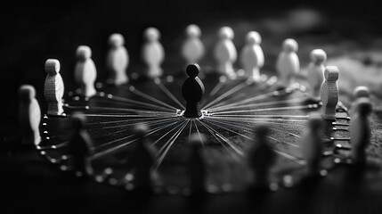 central figure stands out among circle of white figures, symbolizing leadership and influence. contrast highlights theme of guidance and direction