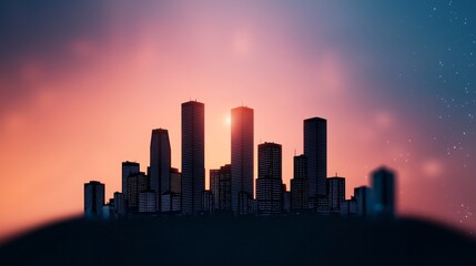 Fototapeta premium A stunning silhouette of a city skyline at sunset, featuring tall buildings against a colorful gradient sky.