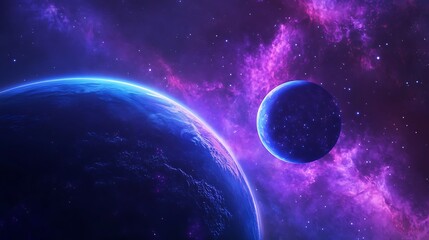 Obraz premium Stunning Digital Painting: Two Planets Orbiting in a Vibrant Purple Nebula. AI Generated