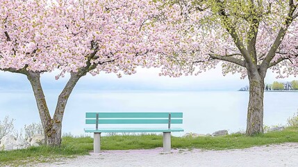 Serene Lakeside Bench  Spring Blossoms  Tranquil View
