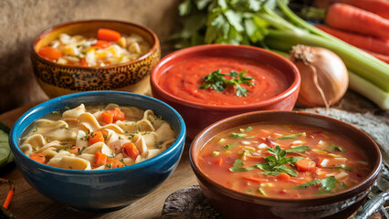 Assorted Homemade Soups in Rustic Bowls with Fresh Vegetables and Herbs in Cozy Rustic Setting
