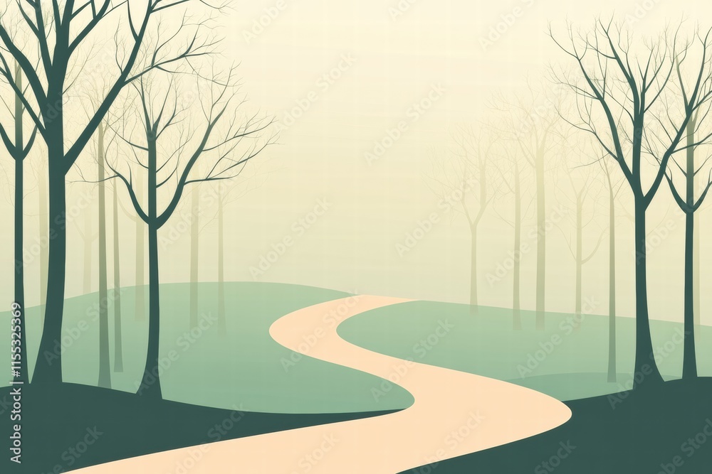 Aufkleber winding path through a minimalist forest landscape invites contemplation and reflection in serene su