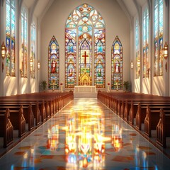 Majestic Interior of a Church with Colorful Stained Glass Windows and Gleaming Floor Reflecting Natural Light