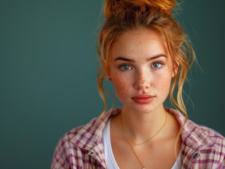 Naklejka premium Young woman with red hair and freckles, wearing a plaid shirt, looks confidently at the camera against a teal background.