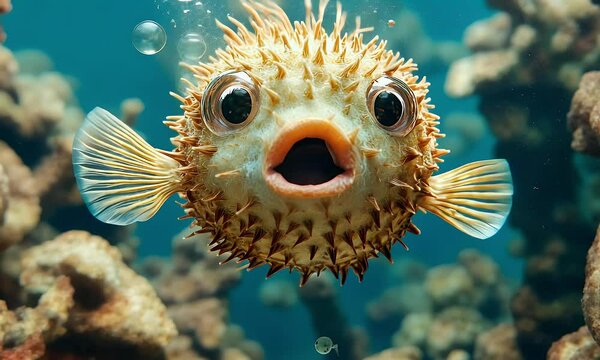 A giant pufferfish that has inflated its round body like a balloon,felt style
