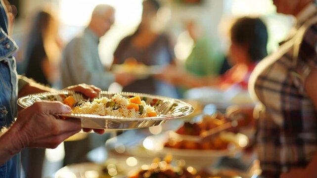 Soft focus on the warmth and togetherness of a community potluck captured through the plates of food being passed and the smiles being exchanged.