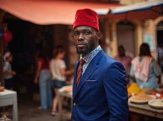 Fototapeta premium Portrait of Man in Blue Suit and Red Hat in Market Setting