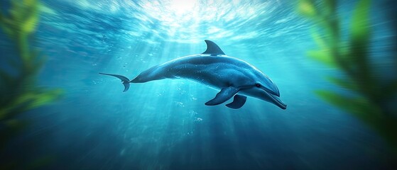 Obraz premium Graceful Dolphin Swimming in Clear Blue Ocean with Sunlight Filtering Through Water Surface and Marine Vegetation in the Background