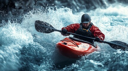 Kayaker Crashing Through Foaming Rapids in Intense Whitewater Action Sports Scene