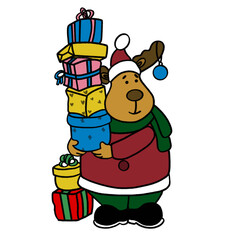 a drawing of bear carrying a lot gift box for celebrate christmas