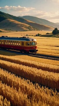 A tiny train station surrounded by golden wheat fields. A lone figure waits as a distant train approaches, Lofi Anime Manga-Style, 4k High-Quality Wallpaper Background Animation Video