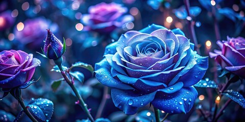 Glowing blue roses illuminate a dark night garden; a magical macro photography scene.