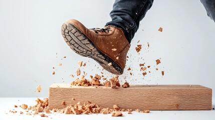 Powerful Impact of Work Boot on Solid Wood Block Creating Flying Wood Chips in Bright Studio Environment