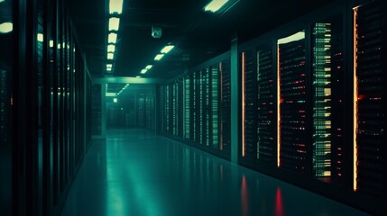 Fototapeta premium Futuristic Data Center Corridor with Neon Lights and Rows of Server Racks in a High-Tech Environment