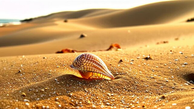 Close-up of seashell on sandy background showcasing coastal beauty and delicate details