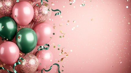 Close-Up Photo: Shimmering Pink and Green Balloons Celebrate Joyfully on a Soft Pink Background. AI Generated