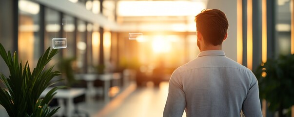 Digital transformation and innovation in the cloud, a bustling modern office environment filled with transparent holograms.