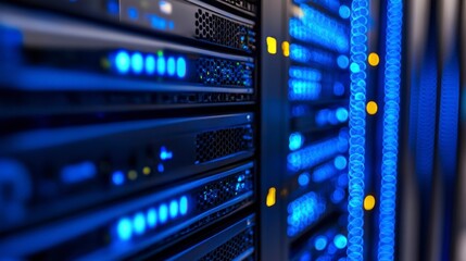 High-Tech Server Room with Glowing LED Lights and Modern Equipment in a Data Center Environment for Advanced Technology Solutions