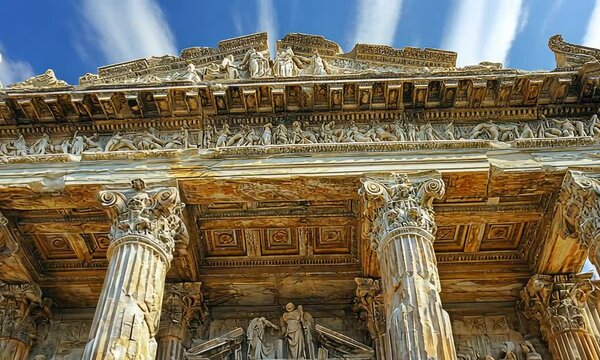 Magnificent Roman Temple Facade: Intricate Carvings and Architectural Grandeur