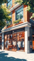 Fototapeta premium Fashionable clothing boutique display in vibrant street scene clean lineart illustration elegant style