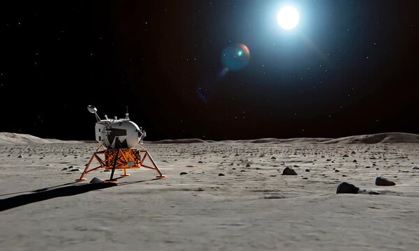 Lunar lander on the moon's surface under a bright sun.