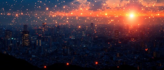 Cityscape at sunset with glowing lights.