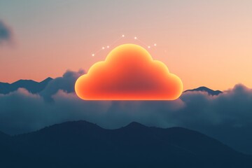 Digital transformation and innovation in the cloud, a serene mountainous landscape with a glowing cloud server hovering above.