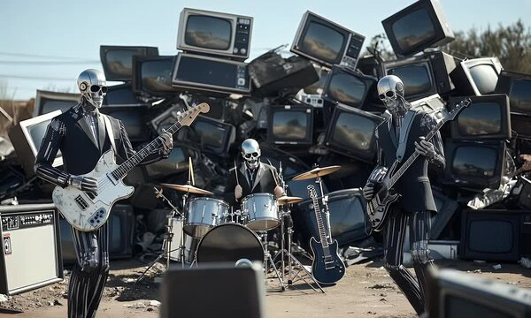 Three detailed futuristic robots in suits performing in a junkyard. Two robots play guitar, while the robot drummer pounds away on a kit
