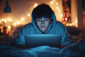 Asian young man using computer on the bed, Generative AI