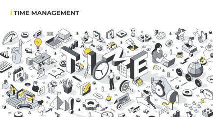 Isometric illustration of time management, featuring clocks, checklists, calendars, and task lists. The word TIME is central, surrounded by people working, gears, and symbols of productivity
