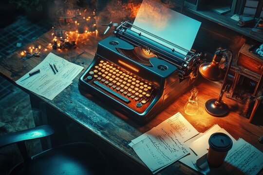 Vintage Typewriter on Wooden Desk at Night
