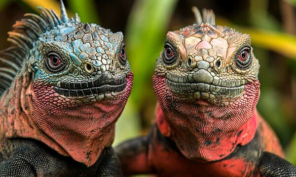 Two colorful lizards posing closely in a natural setting.