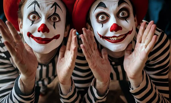 Portrait of two clowns with white face paint, red hats, and striped shirts, showing their hands to the camera with funny expressions on their faces