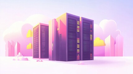Vibrant Abstract Data Center with Colorful Servers and Soft Cloud Background in Digital Landscape Depicting Modern Technology and Data Management