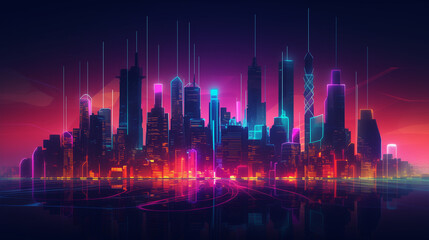 A vibrant digital painting of a futuristic city skyline at night. Neon lights illuminate skyscrapers, creating a cyberpunk aesthetic. The scene is vivid and stylized.