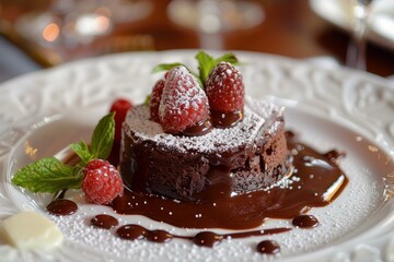 Chocolate lava cake dessert sitting on a white elegant plate, garnished with fresh raspberries, mint, and powdered sugar