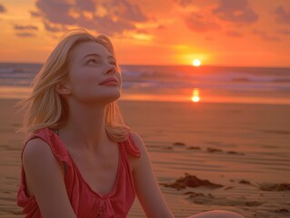 A young woman in a pink dress gazes peacefully at the sea during a vibrant sunset, creating a serene and contemplative mood.