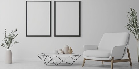 Contemporary Scandinavian living area showcasing white armchair, geometric coffee table, and double floating poster frames with subtle 3D borders, arranged for visual appeal.