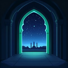Fototapeta premium Mystical Archway Unveiling a Starry Night Mosque. A stylized, vibrant illustration of an ornate archway, revealing a mosque silhouetted against a breathtaking night sky filled 