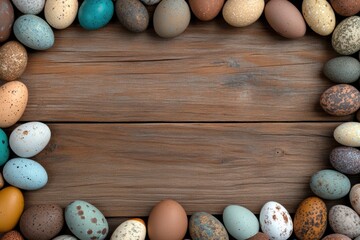 Obraz premium A Beautiful and Festive Display of Colorful Easter Eggs Skillfully Arranged in an Artful Manner on a Rustic Wooden Surface, Capturing the Essence of Spring and the Joy of Celebration with Loved Ones