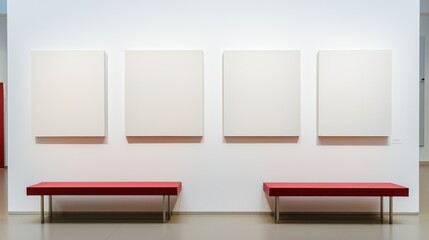 Art exhibit with four blank canvases on white walls, a red bench nearby, side view, high-definition photo.