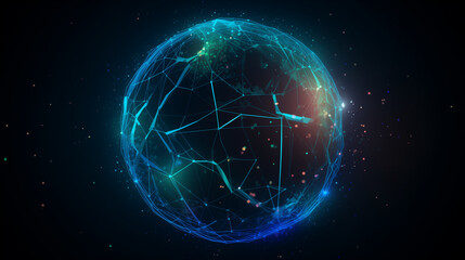 Obraz premium A glowing blue sphere depicts a global network. Interconnected lines represent data flow and global connectivity in a futuristic, technological context. 