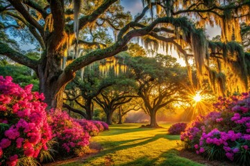 Obraz premium South Carolina's Charleston: Live oaks frame vibrant azaleas, showcasing Southern elegance in captivating photography.