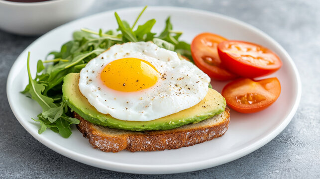 Sunny-side-up egg topping multigrain toast with creamy avocado, peppery greens, ripe tomato slices