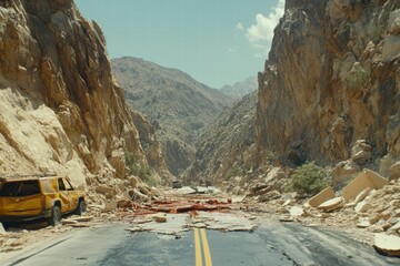 Damaged Road in Mountain Pass After Landslide