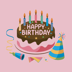 Happy Birthday Illustration with Cake and Party Decorations
