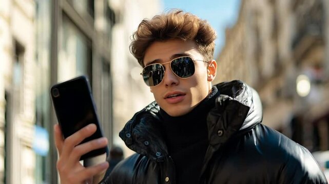 Young man using a smartphone on a city street