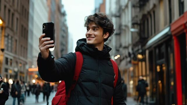 Young man using a smartphone on a city street