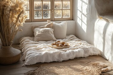 Cozy Bohemian Bedroom Corner with Linen Bedding and Natural Decor